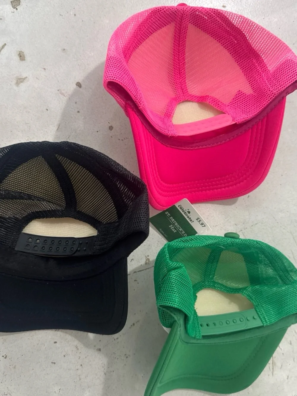 3 Trucker Hats. Black, Pink, Green. Great for different events.